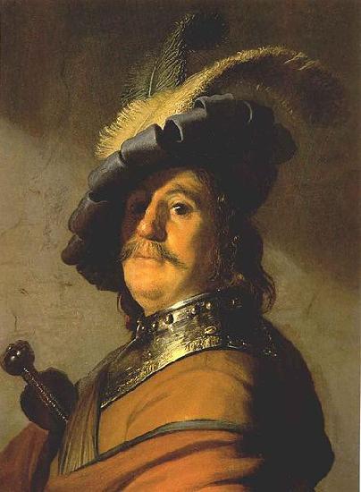  Bust of a man in a gorget and a feathered beret.